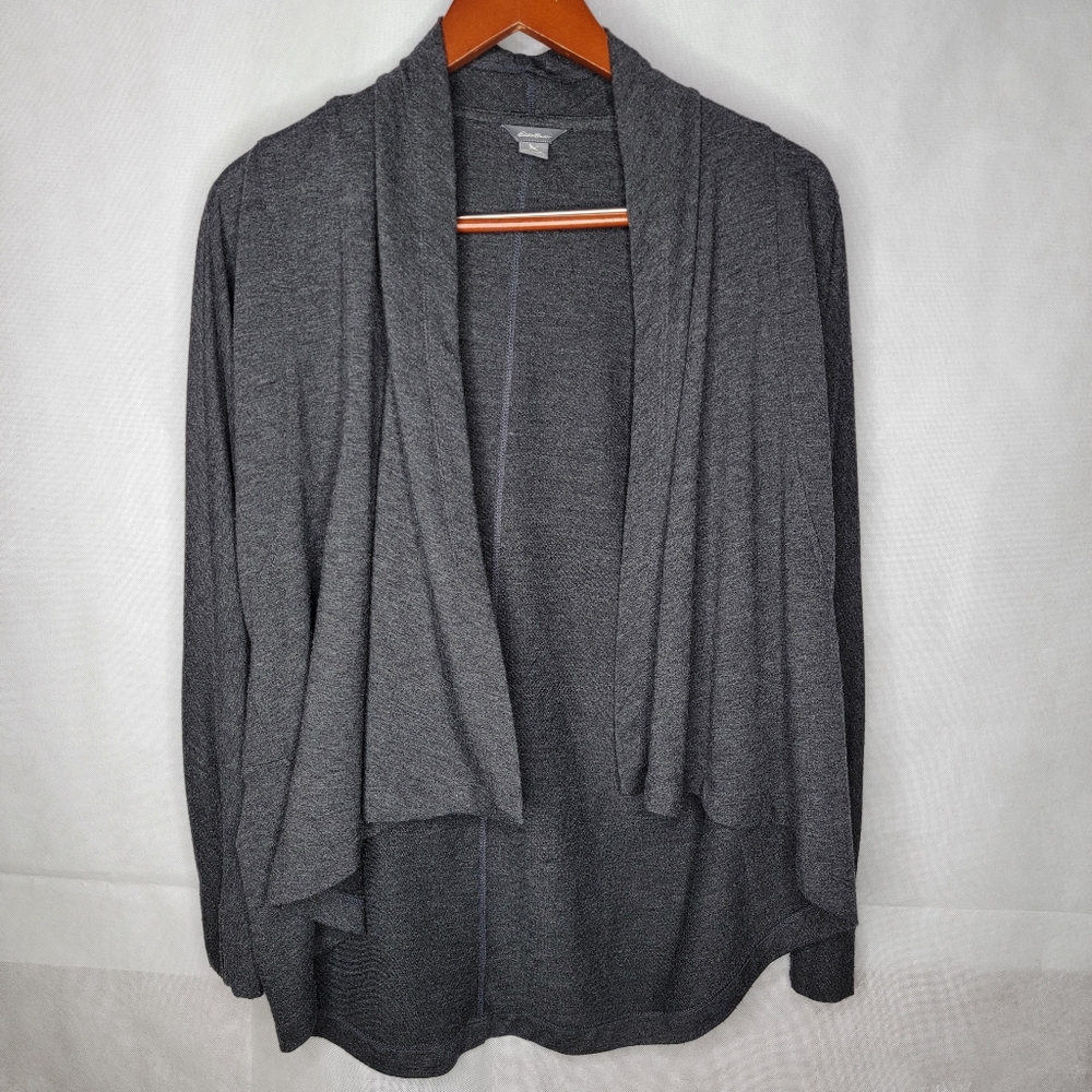 Eddie Bauer Open Fleece Wrap Charcoal Gray Cascading Cardigan Long Sleeve M